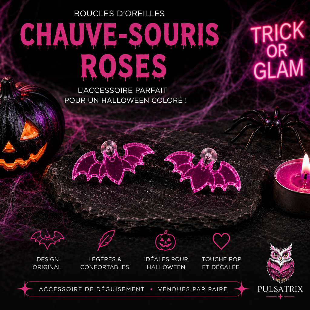 Boucles d’Oreilles Chauve-Souris Rose – Accessoire Costume