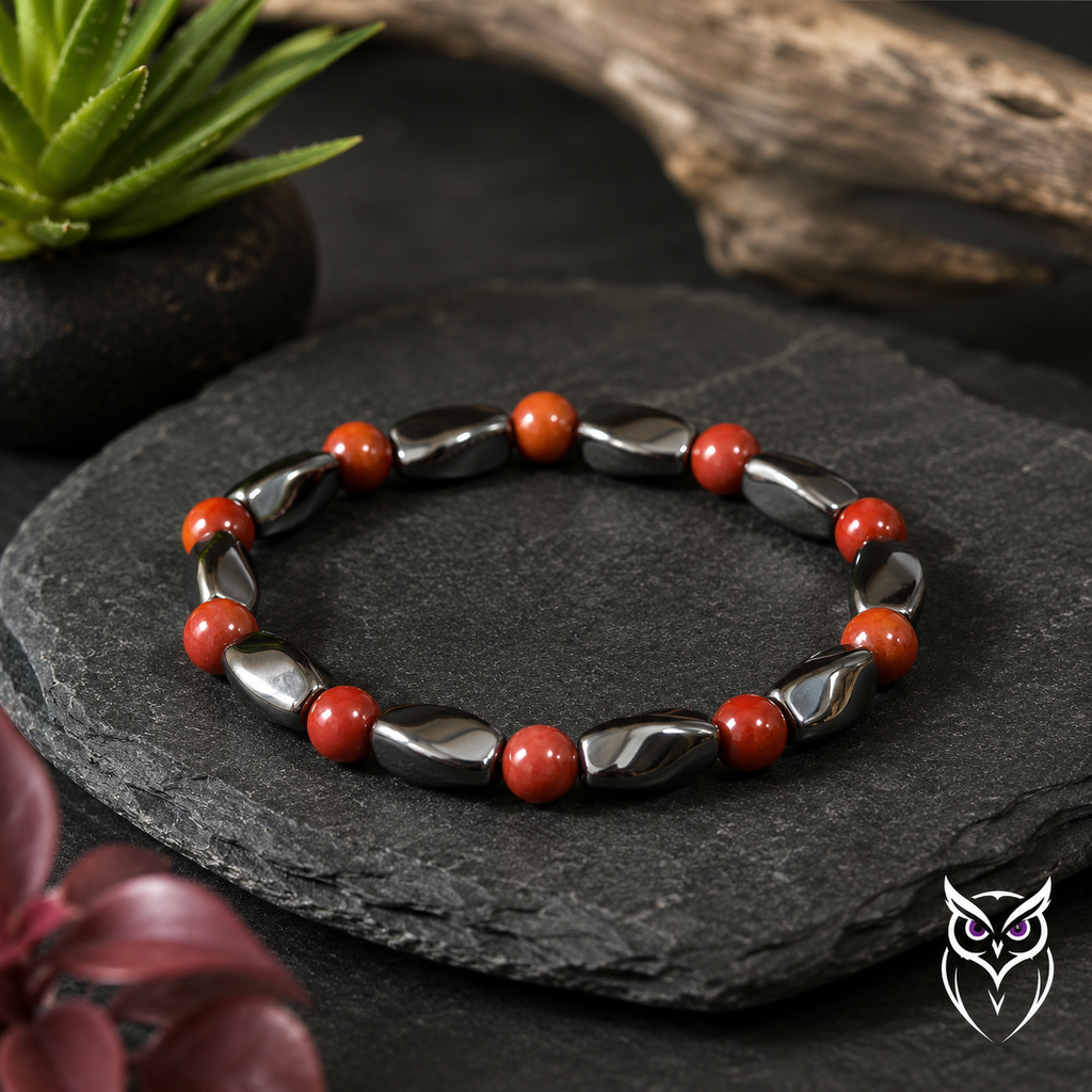Bracelet Hématite Ovale & Jaspe Rouge – Pierres Naturelles
