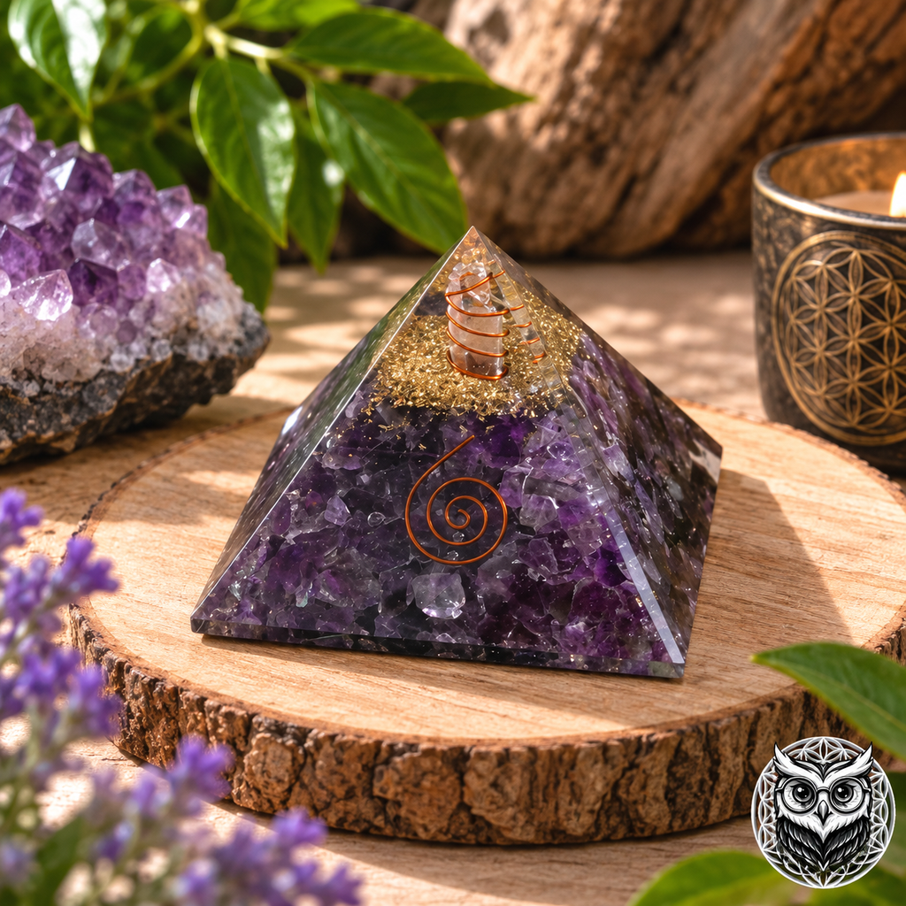 Pyramide Améthyste 7 × 7 cm – Orgonite avec Spirale de Cuivre