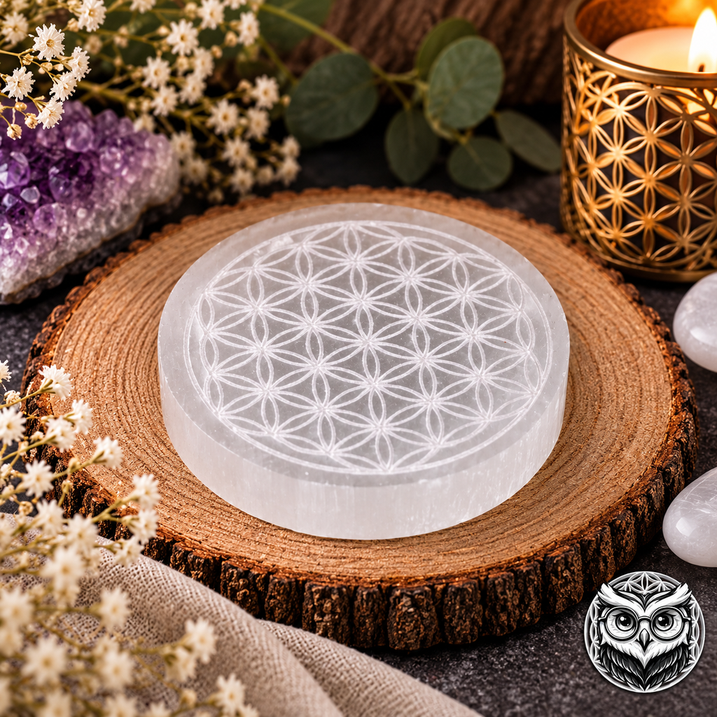 Disque en Sélénite Fleur de Vie 6 cm – Harmonie, décoration & recharge des pierres