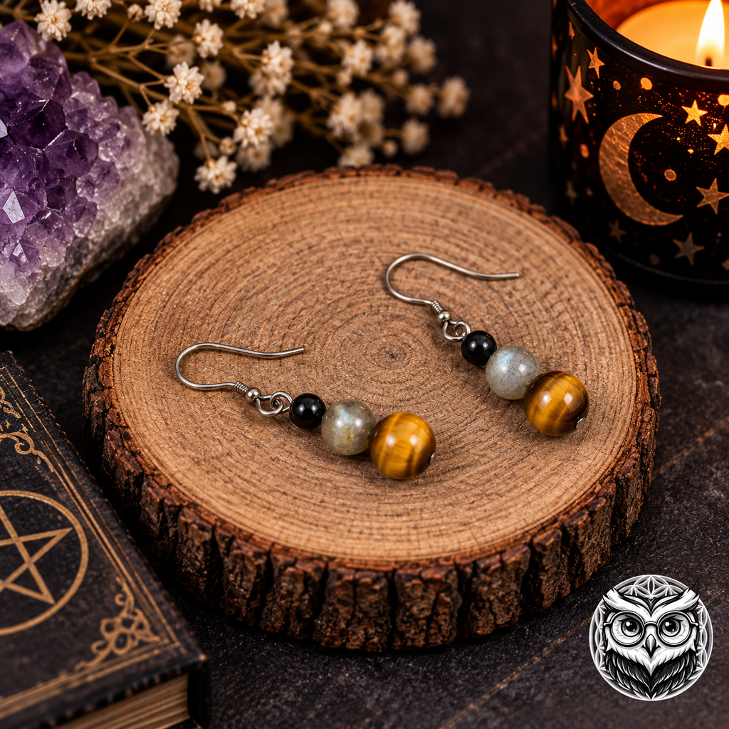 Boucles d’oreilles Œil de Tigre, Labradorite & Tourmaline